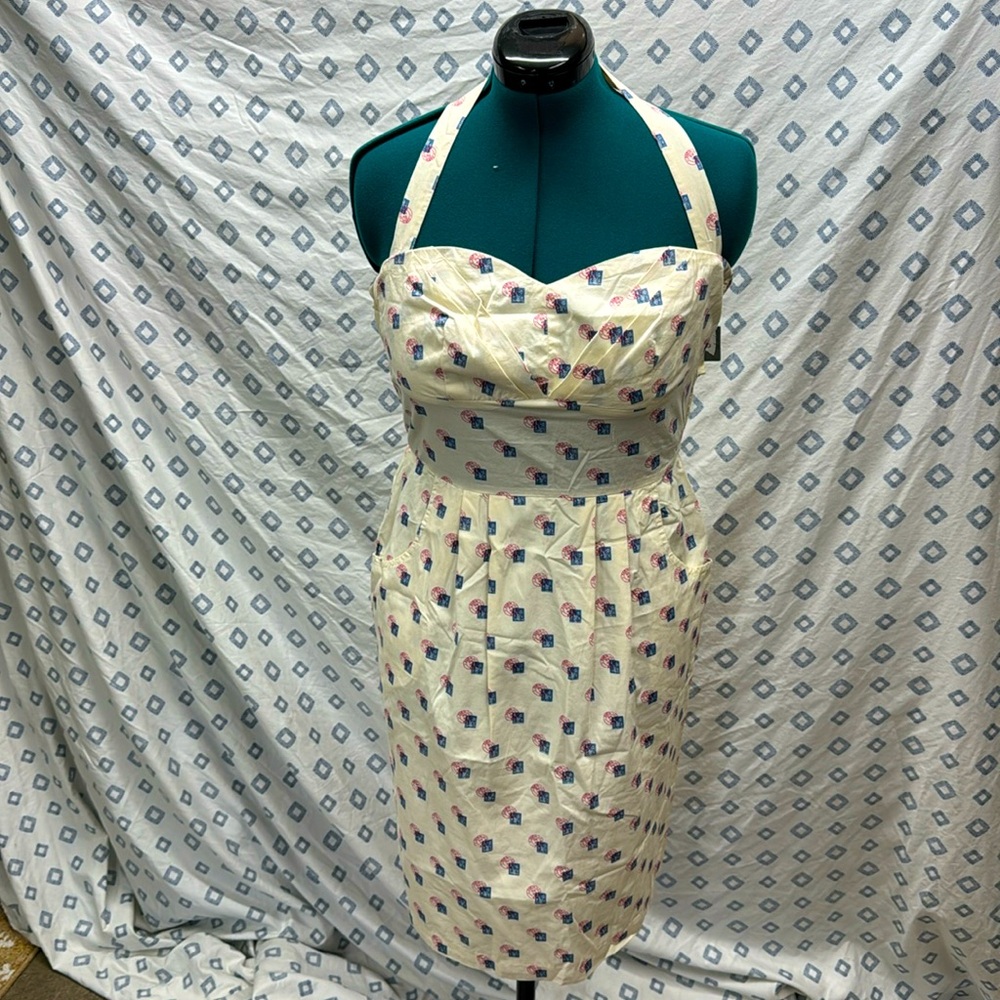 Anthropologie Retro Halter Postage Stamp Dress NWOT 8 PIN UP